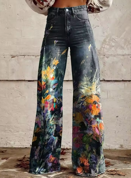 Louise | Artistic Splash Wide-Leg Jeans