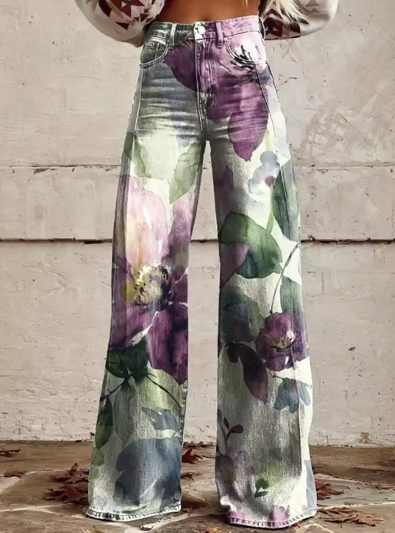 Kristen | Elegant Floral Print Wide-Leg Jeans