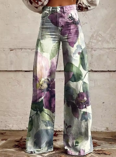 Kristen | Elegant Floral Print Wide-Leg Jeans