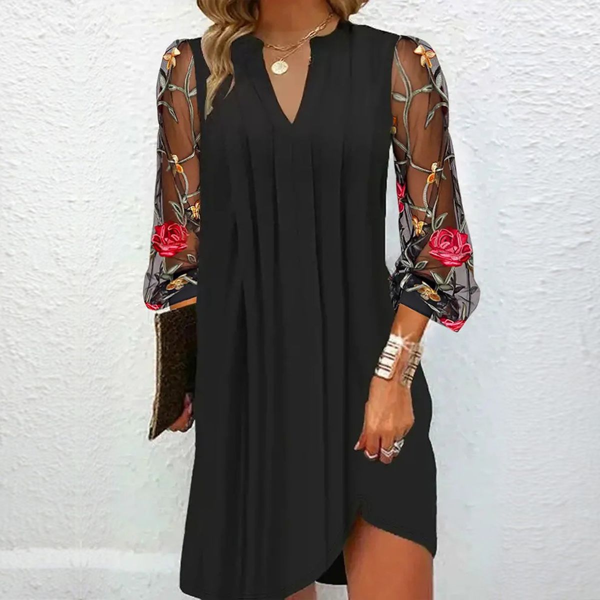 Alina  | Elegant Mini Dress with V-Neck and Sheer Sleeves