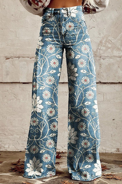 Delilah | Print Wide-Leg Denim Jeans