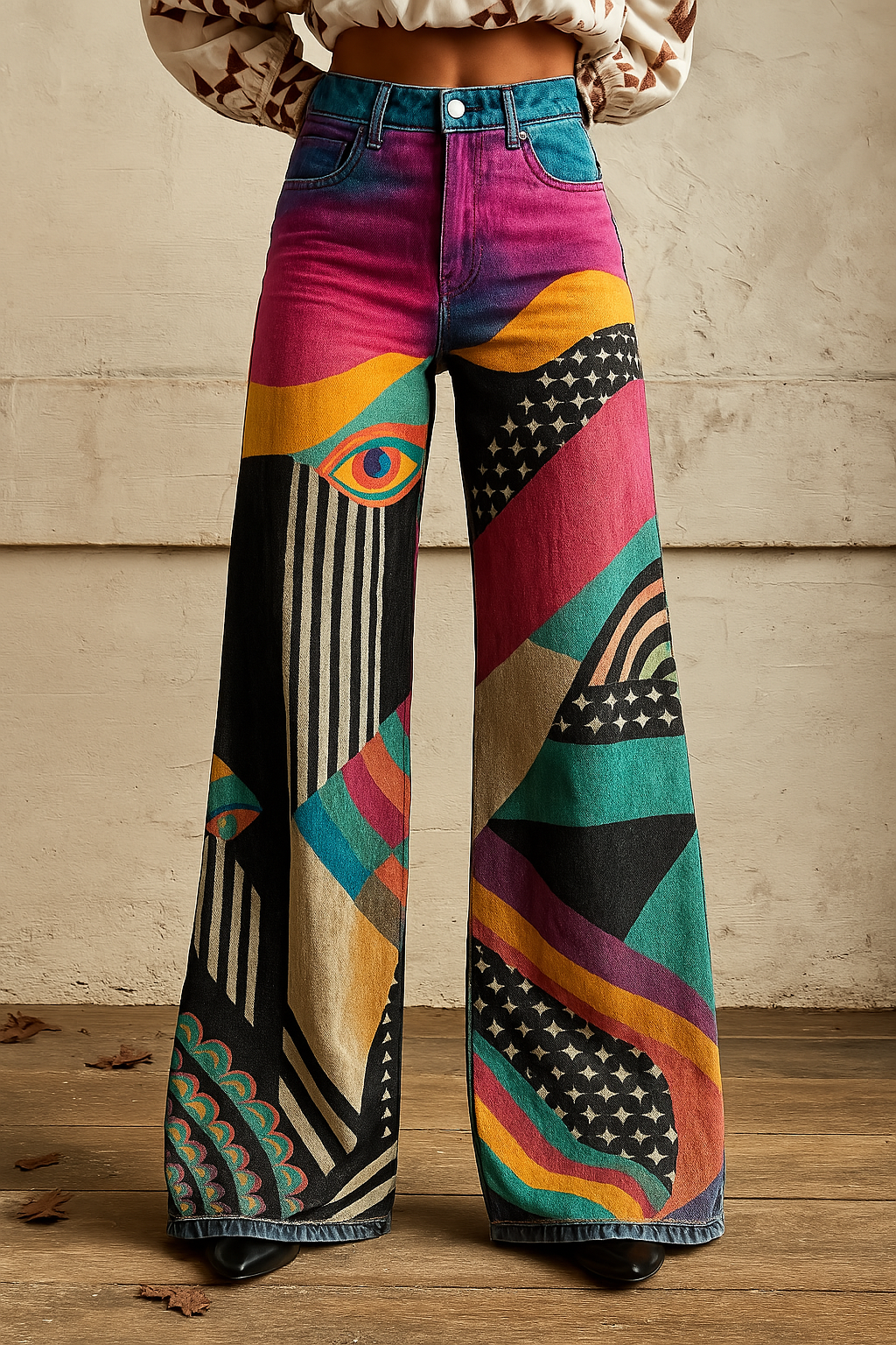 Leah | Vibrant Abstract Wide-Leg Jeans