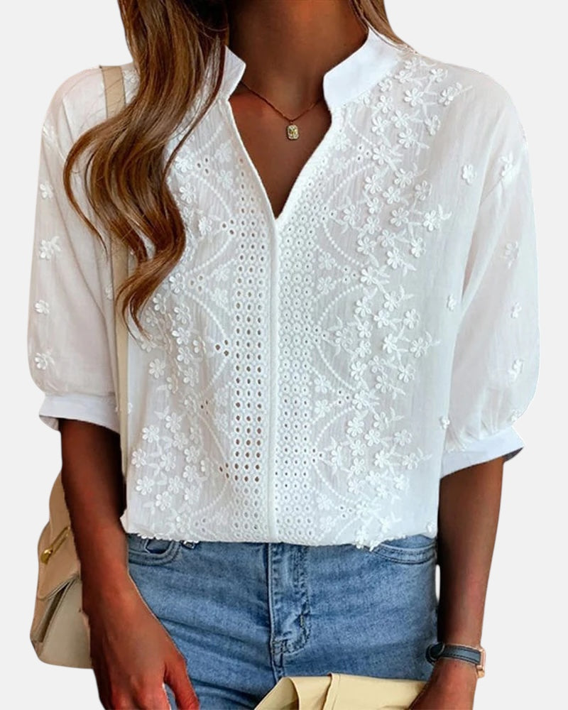 Cambria – Embroidered Blouse with Slit Collar
