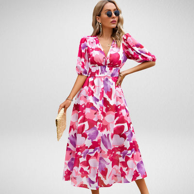Abby™️ | Elegant Vibrant Pattern V-Neck Dress