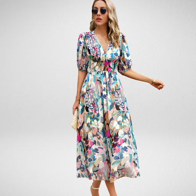 Abby™️ | Elegant Vibrant Pattern V-Neck Dress