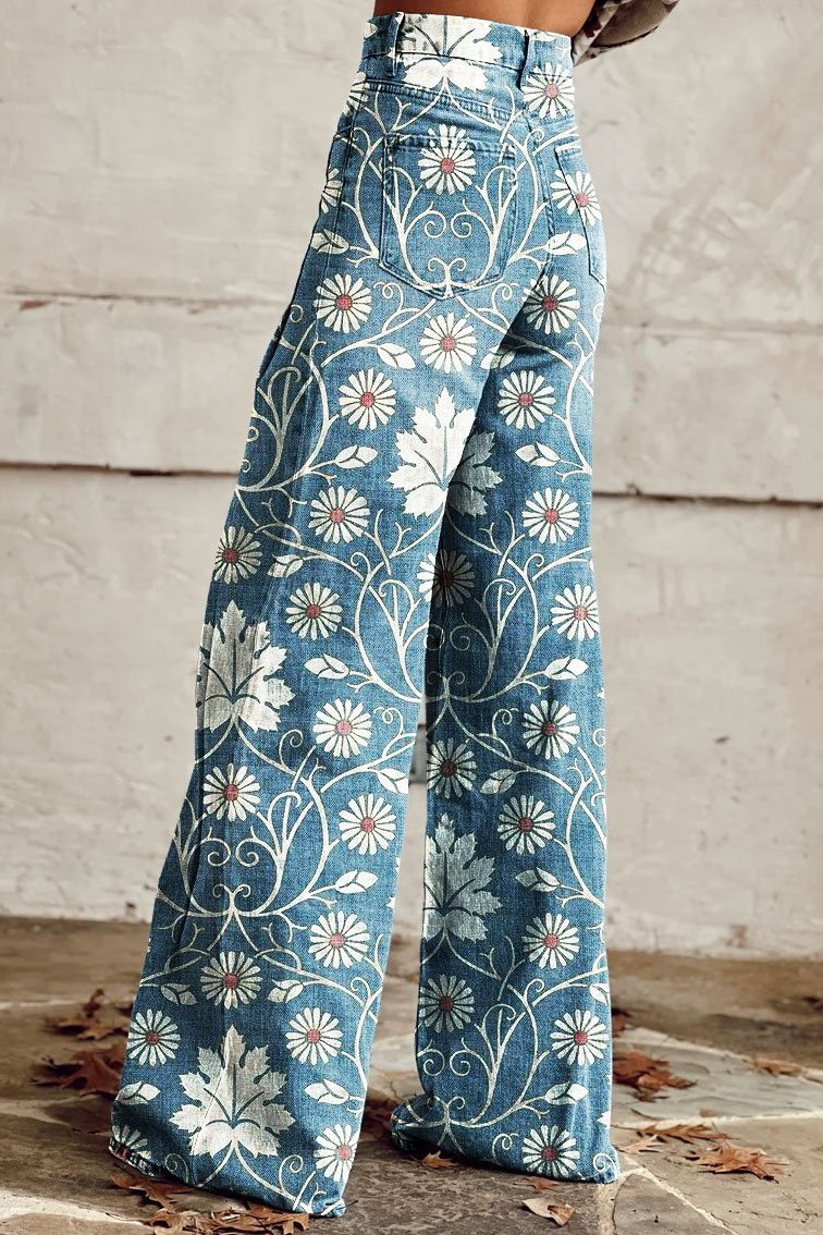 Delilah | Print Wide-Leg Denim Jeans