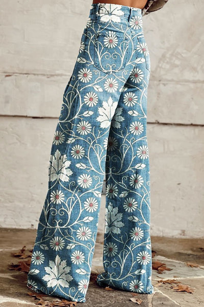Delilah | Print Wide-Leg Denim Jeans